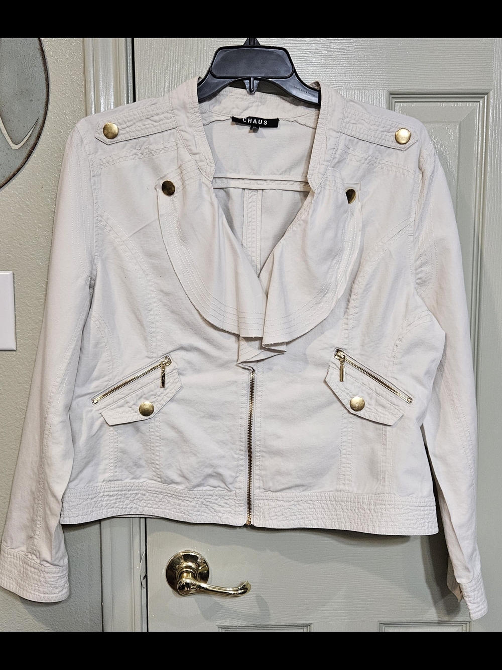 Chaus Off-White Utility Zip Jacket with Gold Hardware